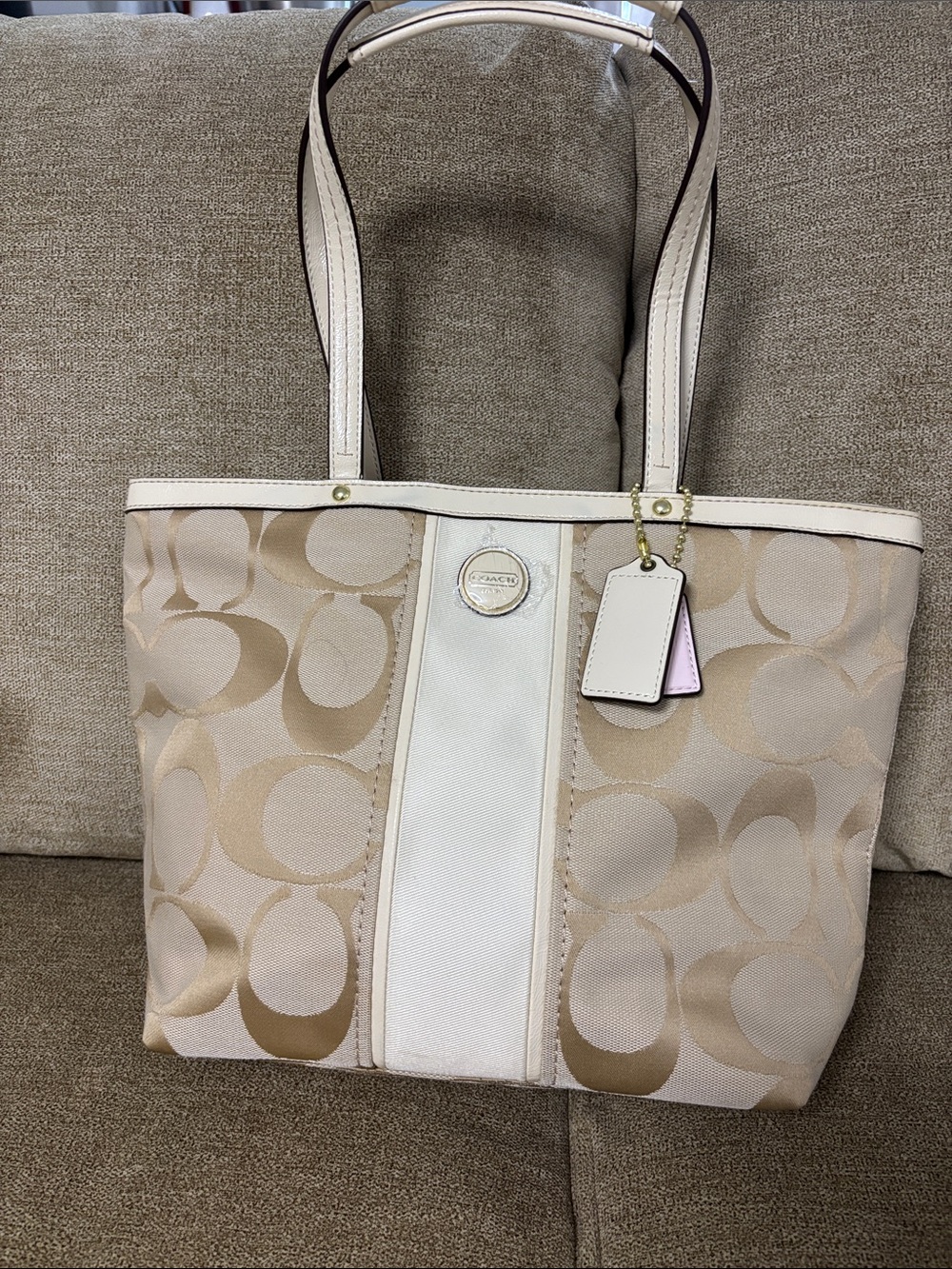 Coach Beige and Tan Signature Canvas Tote with Leather Trim